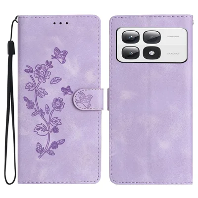 For Xiaomi 14T Pro Case Leather Imprinted Flower Phone Cover Wallet with Wrist Strap - Purple