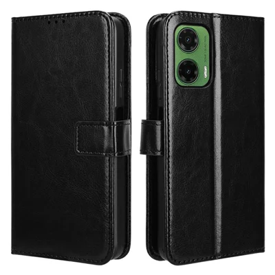 For Motorola Moto G35 5G Case Crazy Horse Texture PU Leather Phone Wallet Cover - Black