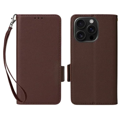 For iPhone 16 Pro Max Case with Wrist Strap Litchi Texture PU Leather Wallet Phone Cover - Brown