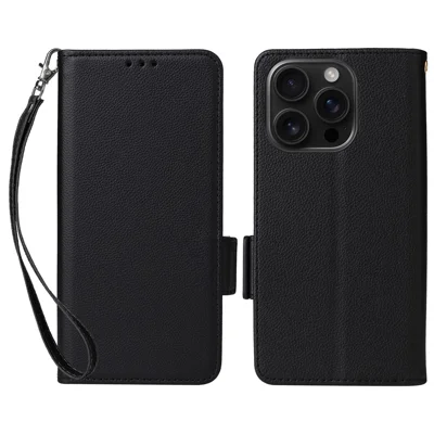 For iPhone 16 Pro Max Case with Wrist Strap Litchi Texture PU Leather Wallet Phone Cover - Black