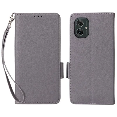 Voor Motorola Moto G55 5G hoesje met polsbandje Litchi-structuur PU-leer portemonnee telefoonhoes - Grijs