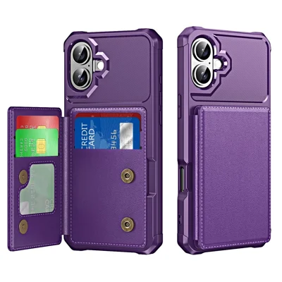 For iPhone 16 Plus Case Card Slot Kickstand Leather+TPU Reinforced Corner Phone Cover - Purple