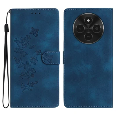 For Xiaomi Poco C75 4G / Redmi 14R 5G / 14C 4G Case Leather Imprinted Flower Phone Cover Wallet with Wrist Strap - Blue