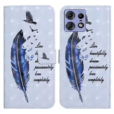 For Motorola Edge 50 Pro 5G Case 3D Creative Pattern PU Leather Stand Phone Cover - Blue Feather