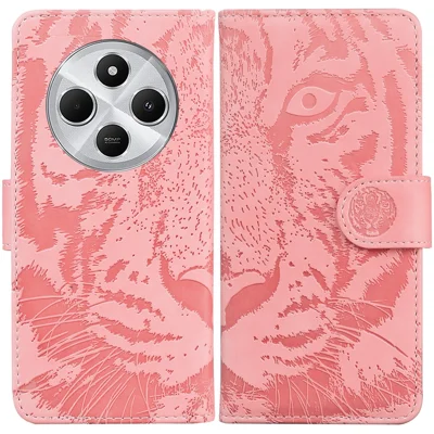 Til Xiaomi Poco C75 4G / Redmi 14R 5G / 14C 4G hylse med tigertryk i læder med penneboks - Lyserød