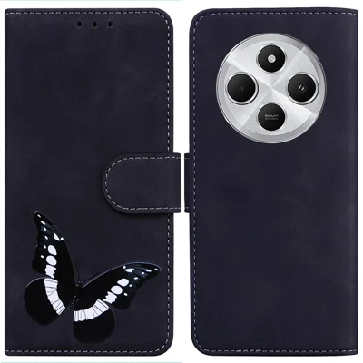 For Xiaomi Poco C75 4G / Redmi 14R 5G / 17C 4G / 14C 4G Stand Case PU Leather Phone Cover Butterfly Printed - Black
