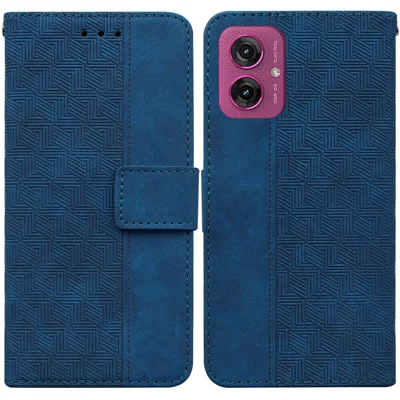 Motorola Moto G55 5G-hoes met geometrisch patroon, lederen portemonneebehuizing met polsbandje - Blauw