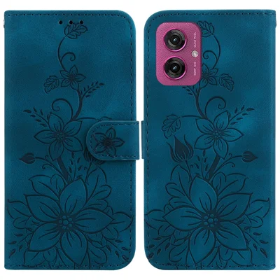 Voor Motorola Moto G55 5G hoesje met leliebloemprint Lederen telefoonhoes met standaard - Donkerblauw