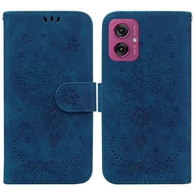 For Motorola Moto G55 5G Case PU Leather Wallet Phone Cover Butterfly Flower Imprint - Blue
