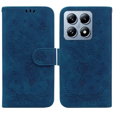 For Xiaomi 14T Pro Case PU Leather Wallet Phone Cover Butterfly Flower Imprint - Blue