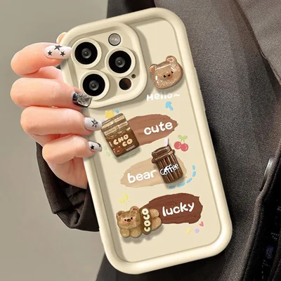 For iPhone 15 Pro Max Case 3D Coffee Bear Pattern TPU Protective Phone Cover - White