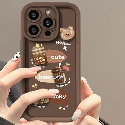 For iPhone 15 Pro Case 3D Coffee Bear Pattern TPU Protective Phone Cover - Brown