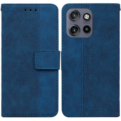 Til Motorola Edge 50 Neo 5G / Moto S50 5G / Thinkphone 25 5G Taske med geometrisk mønster i læder med pennebælte og håndledsrem – Blå