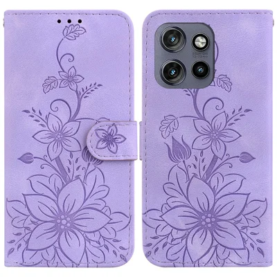 For Motorola Edge 60 Neo 5G / Edge 50 Neo 5G / Moto S50 5G / ThinkPhone 25 5G Case Lily Flower Imprint Leather Phone Cover with Stand - Purple