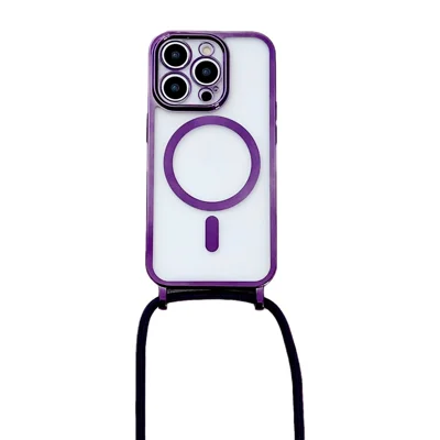 Voor iPhone 16 Pro-hoesje compatibel met MagSafe, gegalvaniseerd TPU-beschermhoesje met lange lanyard - Paars