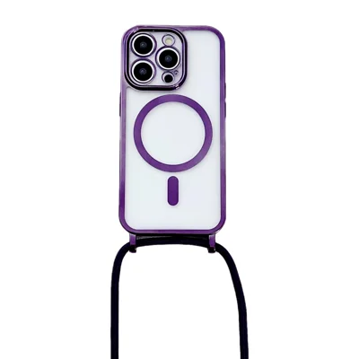 Voor iPhone 16 Pro Max hoesje compatibel met MagSafe, geëlokteerd TPU beschermhoesje met lange lanyard - Paars
