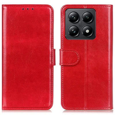 For Xiaomi 14T Pro Case Crazy Horse Texture PU Leather Phone Stand Cover - Red