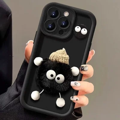 For iPhone 15 Pro Max Case 3D Fluffy Briquette Doll TPU Phone Cover - Black