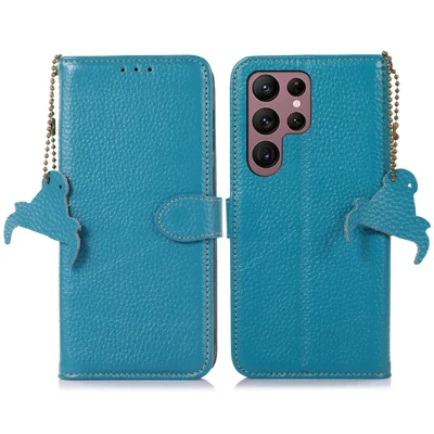 For Samsung Galaxy S25 Ultra Case RFID Blocking Litchi Texture Genuine Cow Leather Phone Cover - Blue