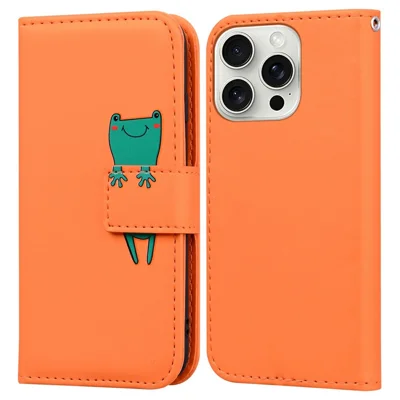 For iPhone 16 Pro Case Cartoon Pattern Wallet Leather Phone Cover - Orange