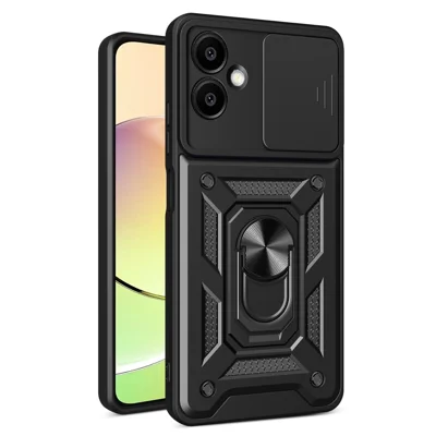 For Samsung Galaxy A06 4G Case with Slide Camera Lid PC+TPU Kickstand Phone Cover - Black