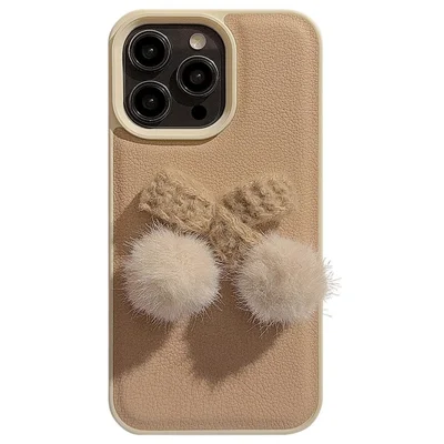 For iPhone 15 Pro Case Plush Cherry Pom-poms PU Leather+TPU Winter Phone Cover