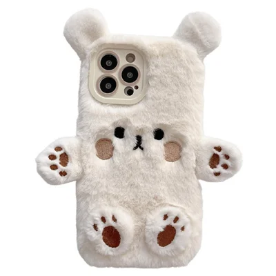 For iPhone 15 Pro Case Cartoon 3D Bear Furry Plush TPU Winter Warm Phone Cover