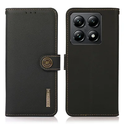 KHAZNEH For Xiaomi 14T Pro Case Genuine Cow Leather RFID Blocking Wallet Phone Cover - Black