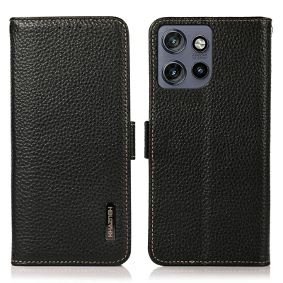 KHAZNEH For Motorola Edge 60 Neo 5G / Edge 50 Neo 5G / Moto S50 5G / ThinkPhone 25 5G Phone Case Genuine Cow Leather Cover RFID Blocking - Black
