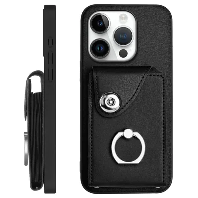 For iPhone 16 Pro Max Case YB Leather Coating Series-7 Card Holder Leather TPU Phone Cover with Kickstand - Black