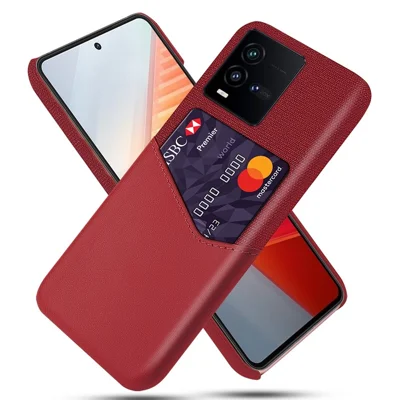 For vivo iQOO 10 5G Shockproof Cloth Texture PU Leather + PC Back Case Card Holder Protective Phone Cover - Red
