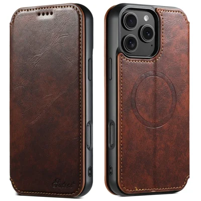SUTENI J05 For iPhone 16 Pro Max Case Compatible with MagSafe Textured PU Leather Flip Phone Cover - Khaki