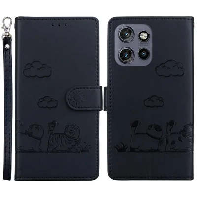 For Motorola Edge 60 Neo 5G / Edge 50 Neo 5G / Moto S50 5G / ThinkPhone 25 5G Case RFID Blocking Kitten Pattern TPU+PU Leather Phone Cover - Black