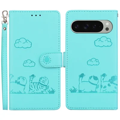 For Google Pixel 9 Pro / Pixel 9 Case RFID Blocking Kitten Pattern TPU+PU Leather Phone Cover - Green