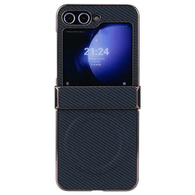 For Samsung Galaxy Z Flip5 5G Magnetic Case Hinge Protection Carbon Fiber Texture Leather+PC Electroplating Phone Cover - Black