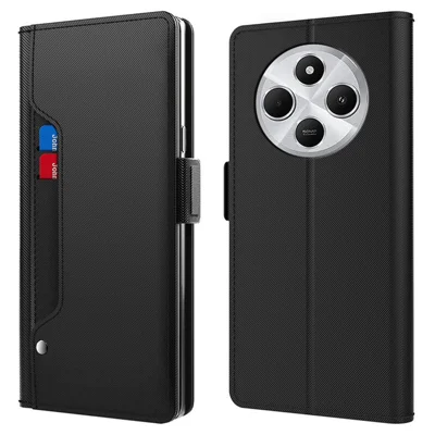 For Xiaomi Poco C75 4G / Redmi 14R 5G / 14C 4G Case Stand PU Leather Phone Cover Card Holder Mirror - Black
