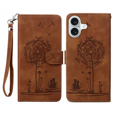 For iPhone 16 Case Cat Dandelion Imprint PU Leather Wallet Phone Cover with Strap - Brown