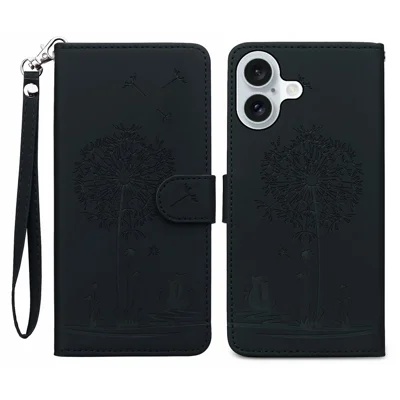For iPhone 16 Plus Case Cat Dandelion Imprint PU Leather Wallet Phone Cover with Strap - Black
