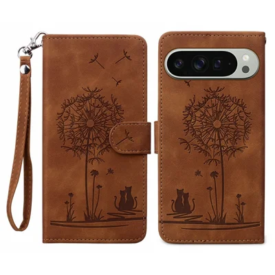 For Google Pixel 9 Pro XL Case Cat Dandelion Imprint PU Leather Wallet Phone Cover with Strap - Brown
