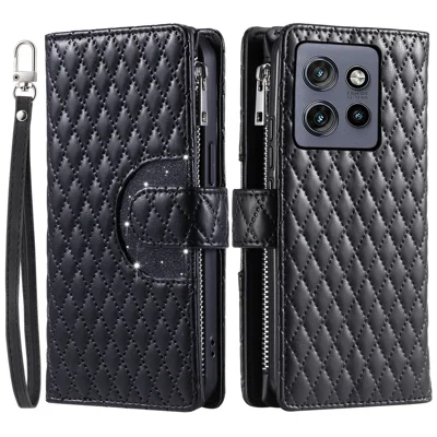 Style 012 for Motorola Edge 60 Neo 5G / Edge 50 Neo 5G / Moto S50 5G / ThinkPhone 25 5G Case Zipper Pocket Glitter Leather Phone Cover - Black
