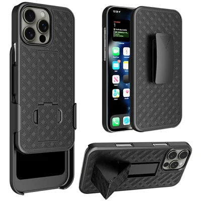 For iPhone 16 Pro Max Case PC+TPU Sliding Screen Cover Kickstand Phone Shell with Clip