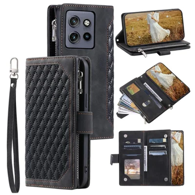 Style 005 For Motorola Edge 60 Neo 5G / Edge 50 Neo 5G / Moto S50 5G / ThinkPhone 25 5G Wallet Case Rhombus Stitching Line PU Leather Phone Cover - Black