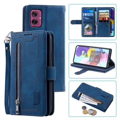 Voor Motorola Moto G55 5G Hoesje PU Leren Telefoonhoes met Ritsportemonnee 9 Kaartvakken - Blauw