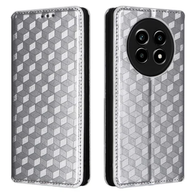 For Realme 13+ 5G / 13 Pro 5G (China) Wallet Case Rhombus Imprinted Leather Phone Cover - Silver