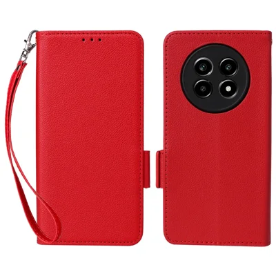 For Realme 13+ 5G / 13 Pro 5G (China) Case with Wrist Strap Litchi Texture PU Leather Wallet Phone Cover - Red