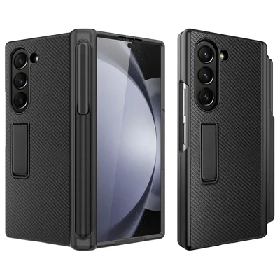 For Samsung Galaxy Z Fold6 5G Case Kickstand PC+TPU Phone Cover with Pencil Slot - Wheat Black