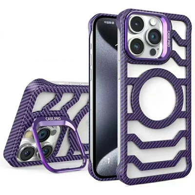 For iPhone 15 Pro Case Compatible with MagSafe Frameless Kickstand PC Phone Cover Carbon Fiber Texture - Purple