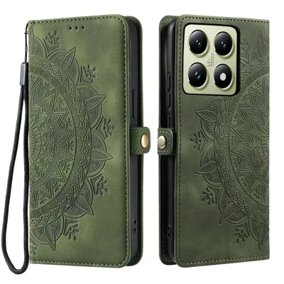 Style 016 For Xiaomi 14T Pro Case Skin Feel Totem Imprinted Wallet Leather Phone Cover - Blackish Green