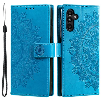 Samsung Galaxy S25 hoesje met ingebrand totem PU lederen portemonnee standaard telefoonhoes - Blauw