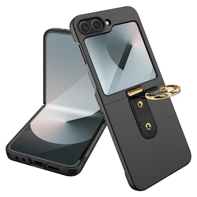For Samsung Galaxy Z Flip7 FE 5G / Z Flip6 5G Case Skin-Touch Ring Holder Kickstand PC Phone Cover with Rear Screen Film - Black